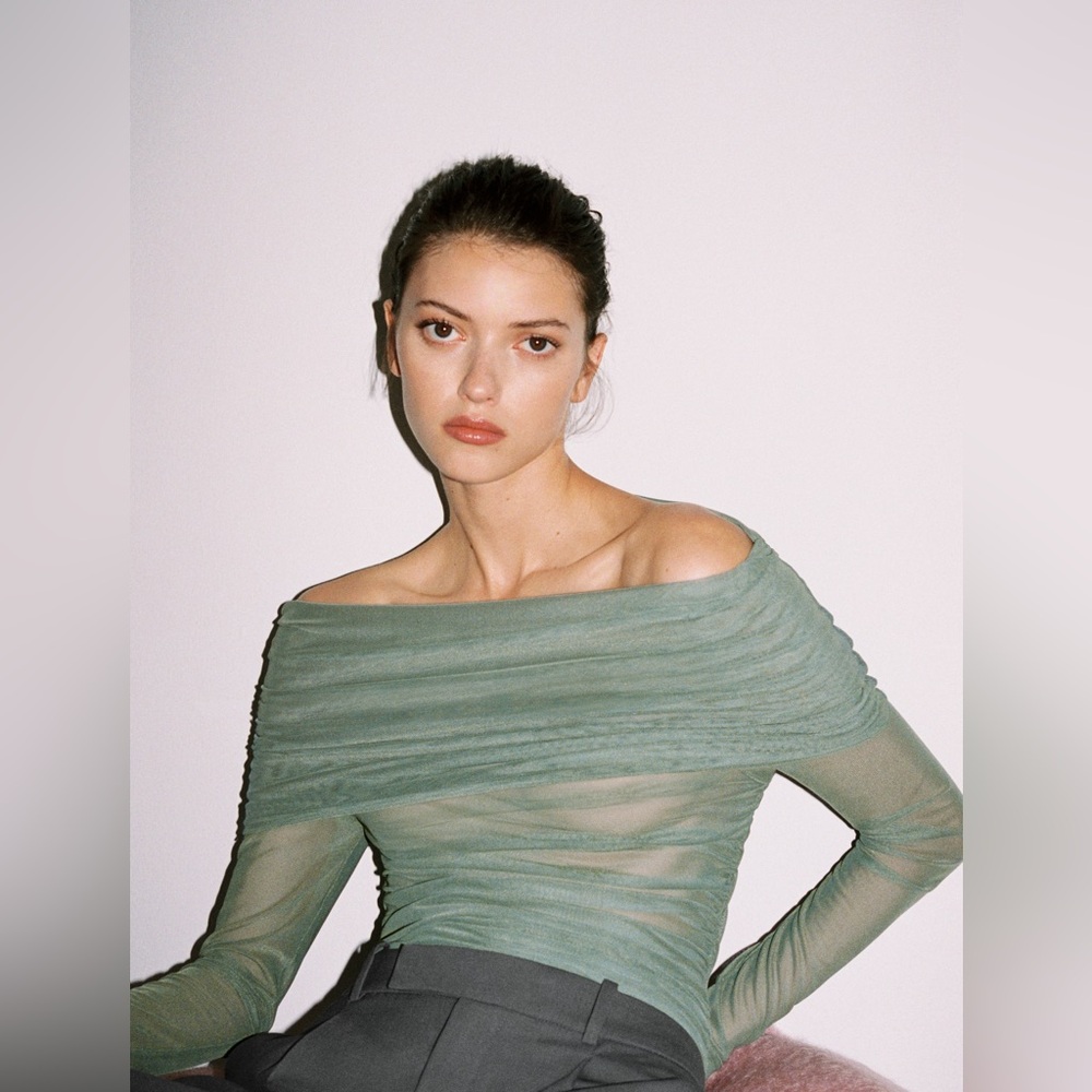 MANGO sage green strapless long sleeve top